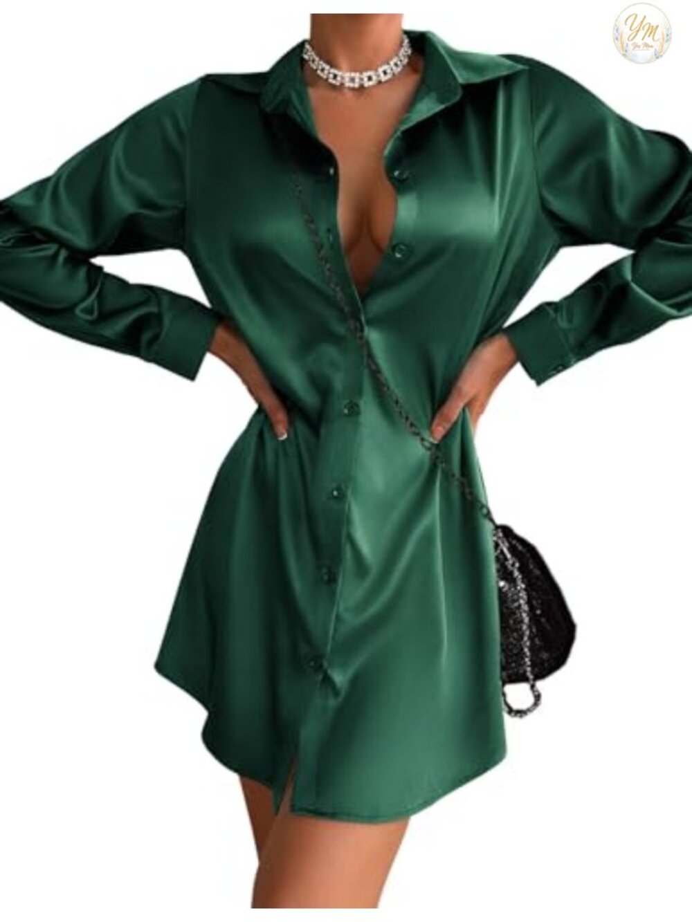 Satin Long Sleeve Button Down Shirt Dress V-Neck Mini with Belt